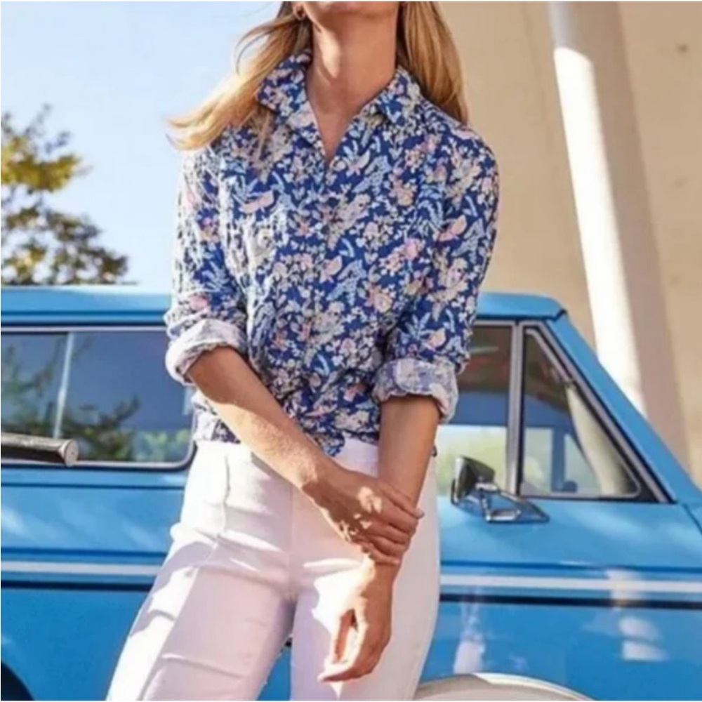 J. MCLAUGHLIN Lois Shirt Butterfly Garden Blue Floral Button Down Blue Pink XS